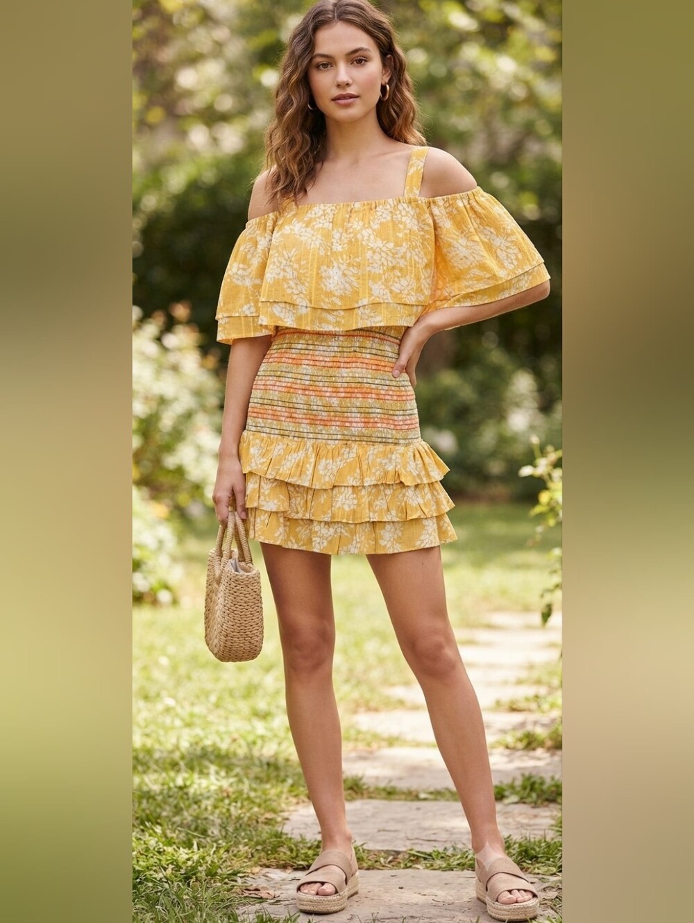 Tularosa Yellow Floral Cold-Shoulder Mini Dress - XS
